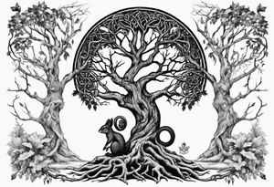 norse tree of life with a squirrel running up the side and a serpent weaving through the roots of the tree tattoo idea