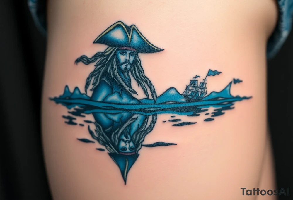 Jack Sparrow’s ghostly reflection in the ocean, done in eerie blue tones, symbolizing his dance with death and destiny tattoo idea