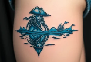 Jack Sparrow’s ghostly reflection in the ocean, done in eerie blue tones, symbolizing his dance with death and destiny tattoo idea