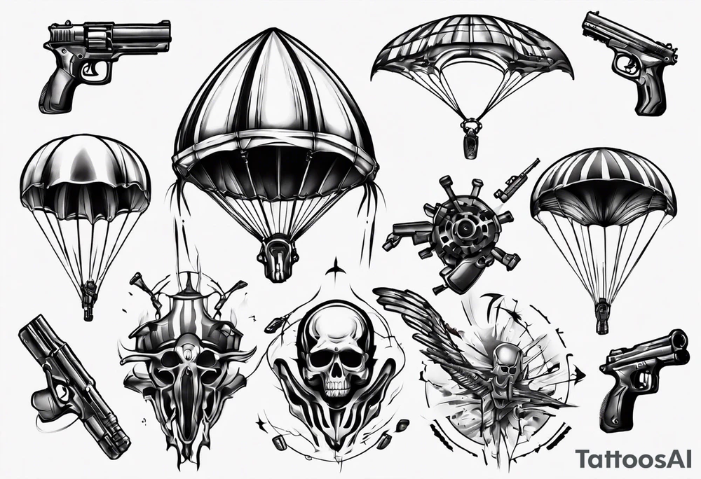 man parachute and shooting guns tattoo idea