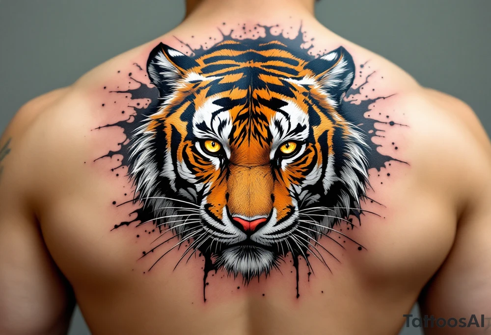 A mid-pounce tiger with piercing yellow eyes, fur detailed in deep orange, white, and jet black stripes include shadows as well tattoo idea