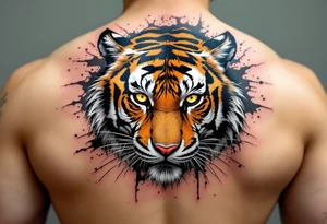 A mid-pounce tiger with piercing yellow eyes, fur detailed in deep orange, white, and jet black stripes include shadows as well tattoo idea