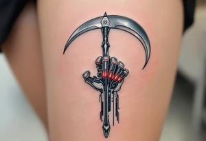 A chrome-plated robotic hand clutching a gleaming silver scythe with glowing red circuitry running up its fingers. tattoo idea