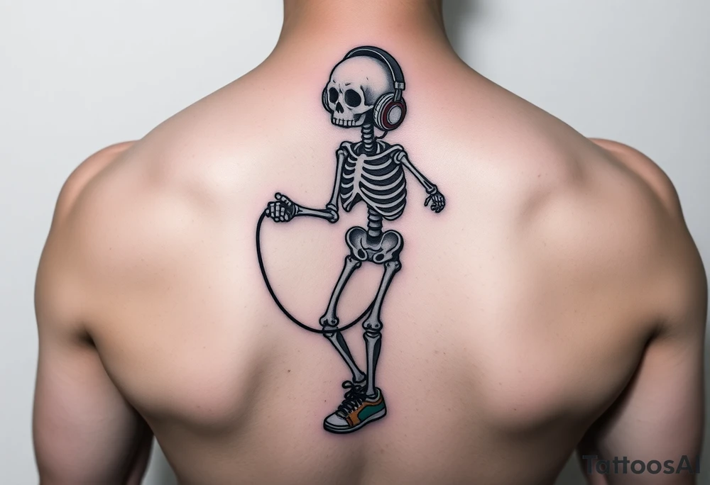 Funny small skeleton exercises on a jump rope with a headphones colorful tennis shoes tattoo idea