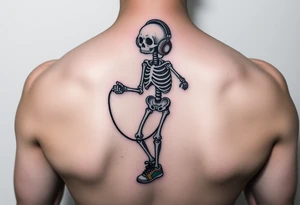 Funny small skeleton exercises on a jump rope with a headphones colorful tennis shoes tattoo idea