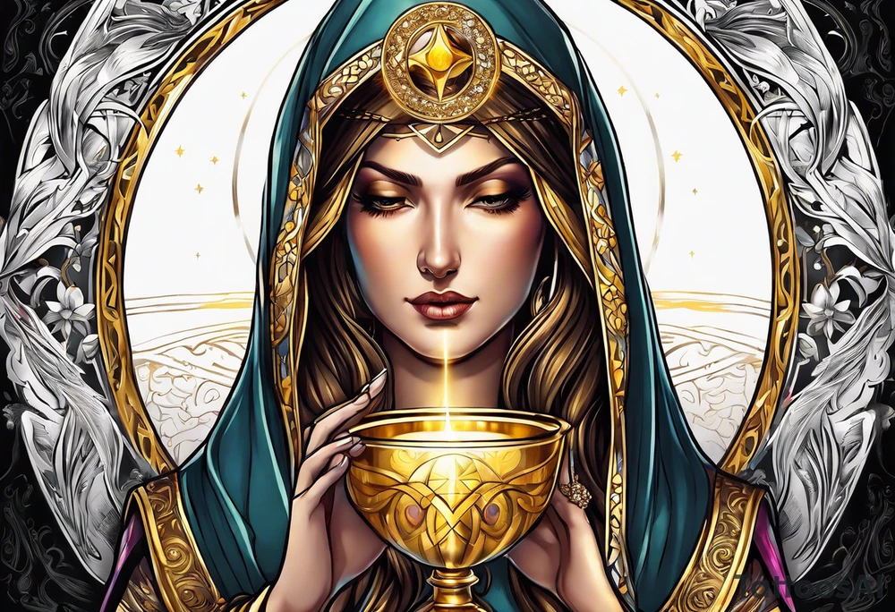 holy saint woman with golden halo holding a chalice tattoo idea