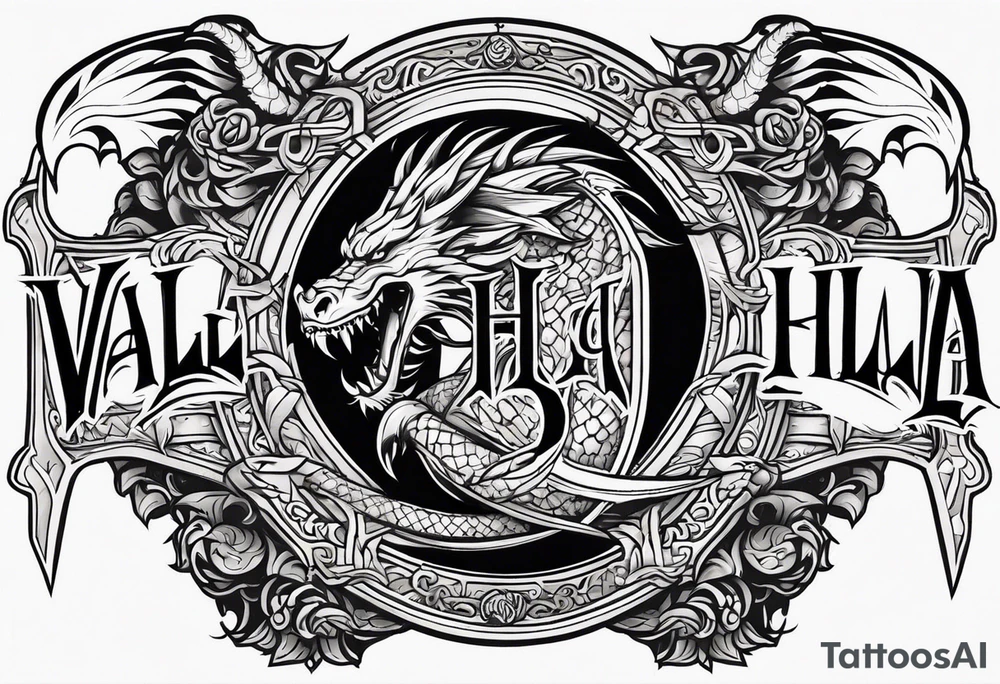 Valhalla sword shield dragon axe tattoo idea