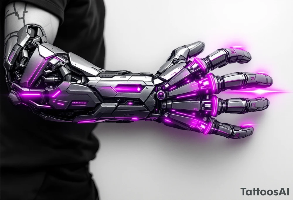 A cleanly layered mechanical palm in polished titanium with holographic light accents in magenta. tattoo idea