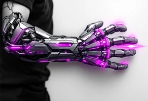 A cleanly layered mechanical palm in polished titanium with holographic light accents in magenta. tattoo idea