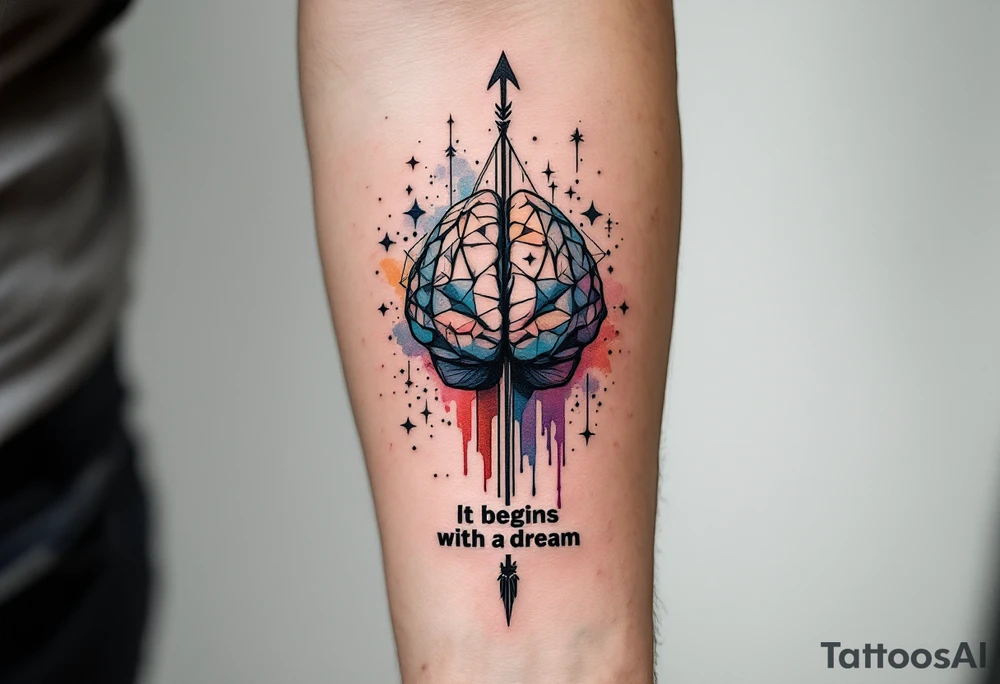 A front-seen brain in geometric and straight lines, with few watercolor details but mostly black, symbols representing intelligence, creativity and dreaming flying arround, the phrase "It begins with a dream" and an arrow crossing from above with watercolors leaking from it tattoo idea