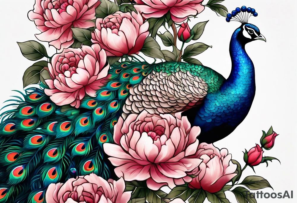 beautiful highly detailed peacock surrounded by peonies, roses. and leaves, philligry, intricate, detailed, tattoo idea