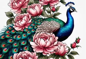 beautiful highly detailed peacock surrounded by peonies, roses. and leaves, philligry, intricate, detailed, tattoo idea