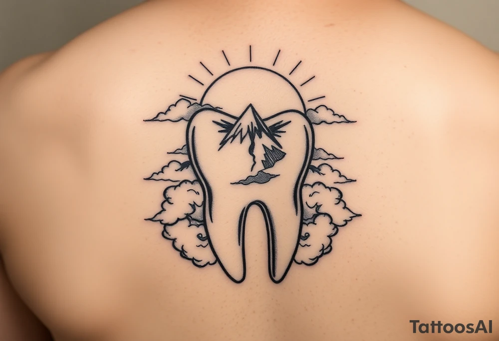 A molar tooth carved like a tiny mountain surrounded by clouds and a rising sun behind, black and gray illustrative tattoo.” tattoo idea