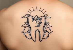 A molar tooth carved like a tiny mountain surrounded by clouds and a rising sun behind, black and gray illustrative tattoo.” tattoo idea