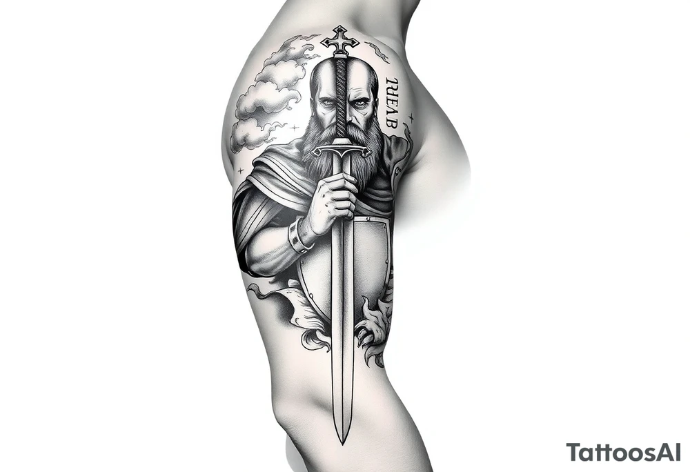 Half sleeve. King Alfred the great, sword, clouds, shield, cross tattoo idea