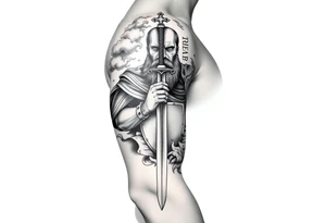 Half sleeve. King Alfred the great, sword, clouds, shield, cross tattoo idea