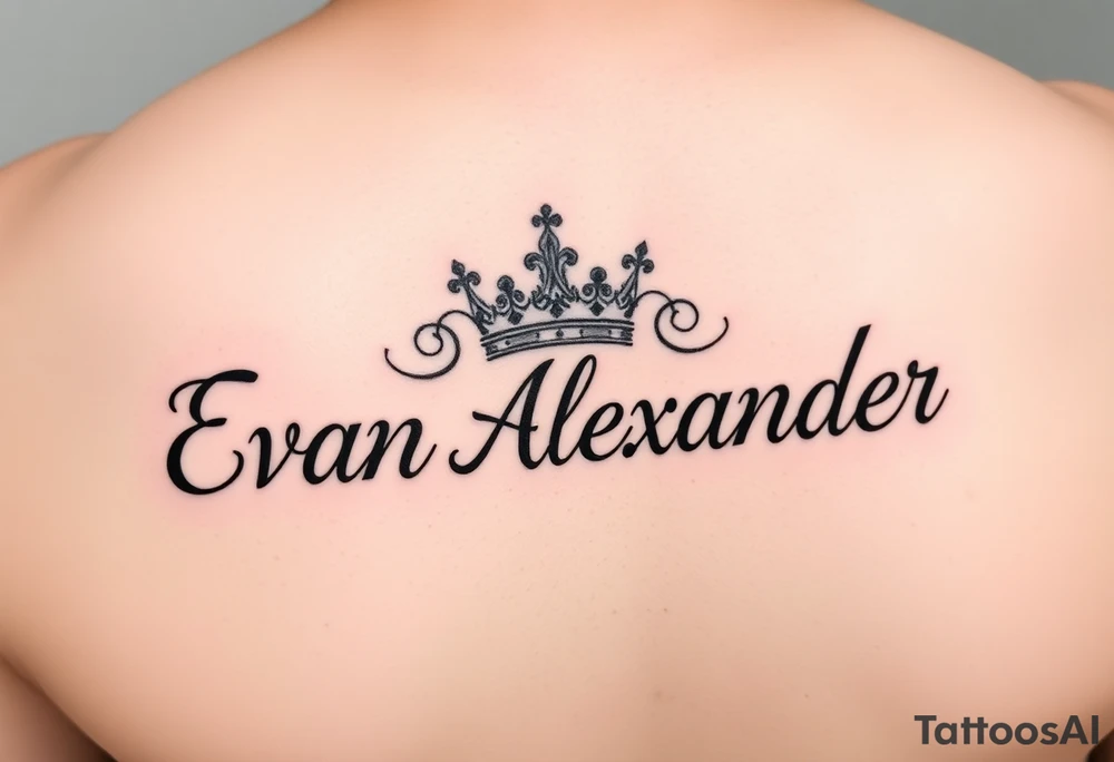 Name tattoo that says Evan Alexander with a crown on forearm tattoo idea