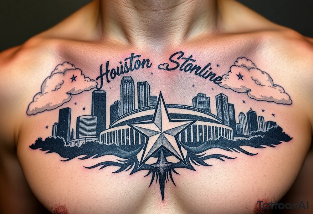 Houston texas skyline Behind houston astrodome, stars nighttime stars and clouds, Houston Astros cursive in sky, Houston Astros star on neck, Benjamin Franklin money roll space suit fill in smoke stars tattoo idea