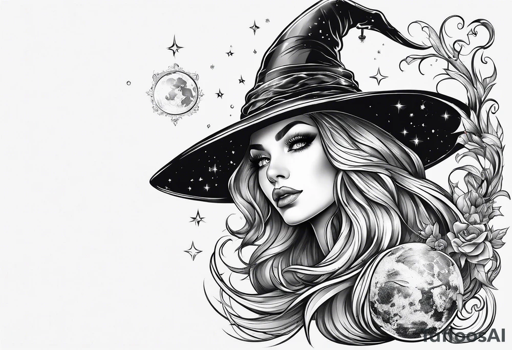 micro realistic tattoo witch cosmic theme tattoo idea