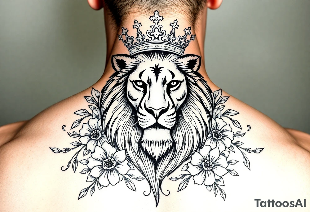 powerful majestic lion with a crown, surrounded by floral ornaments and birds tattoo idea
