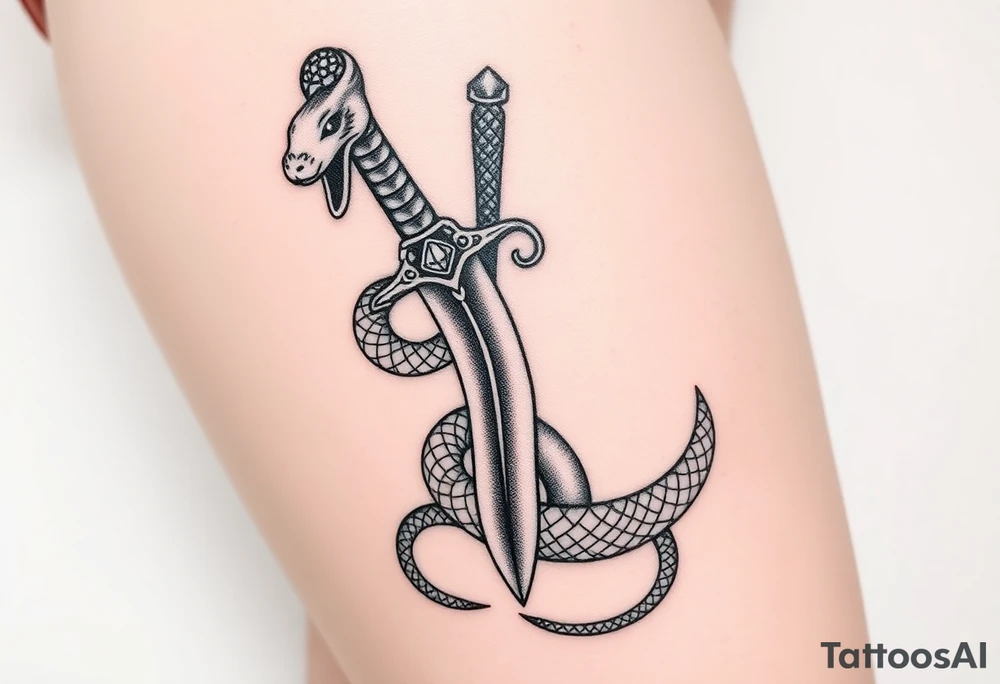mystical snake coiled around an ancient dagger with jeweled hilt tattoo idea