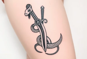 mystical snake coiled around an ancient dagger with jeweled hilt tattoo idea