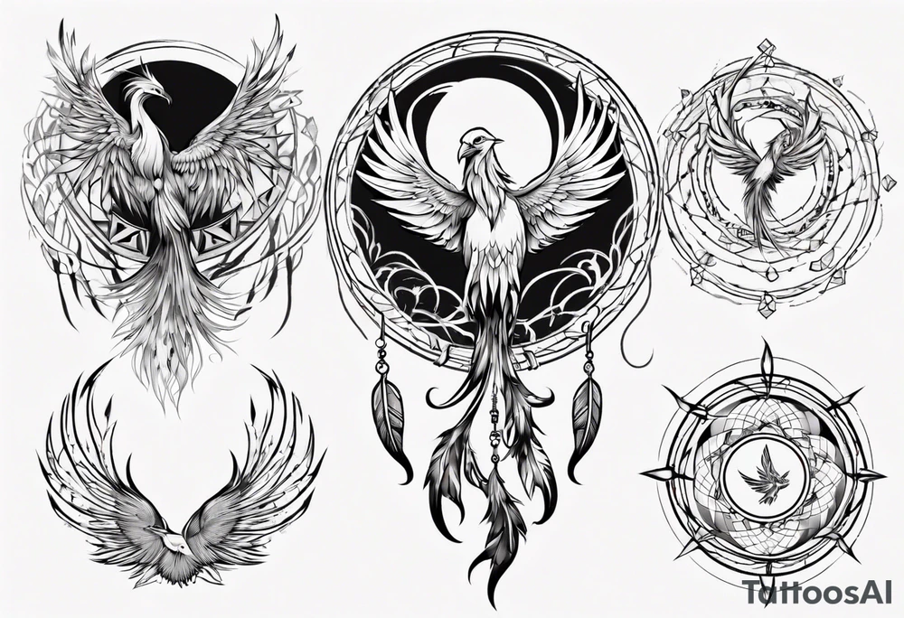 Vertical open mouthed Phoenix in circle with abstract dream catcher tail tattoo idea
