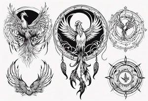 Vertical open mouthed Phoenix in circle with abstract dream catcher tail tattoo idea