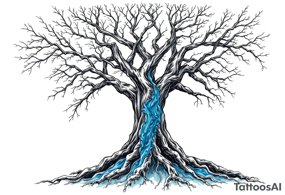 Black and white Tree with roots. Blue water inside the whole tree like many thin veins, flows from the brunches to the roots tattoo idea