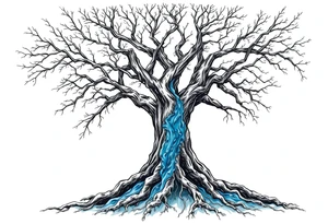 Black and white Tree with roots. Blue water inside the whole tree like many thin veins, flows from the brunches to the roots tattoo idea