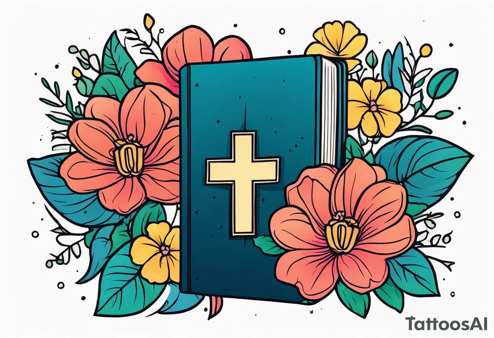 front of bible with cross on bible surrounded by flowers
colorful bold colors tattoo idea