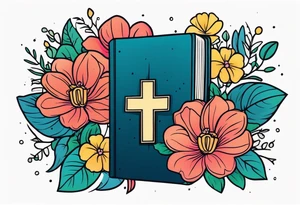 front of bible with cross on bible surrounded by flowers
colorful bold colors tattoo idea