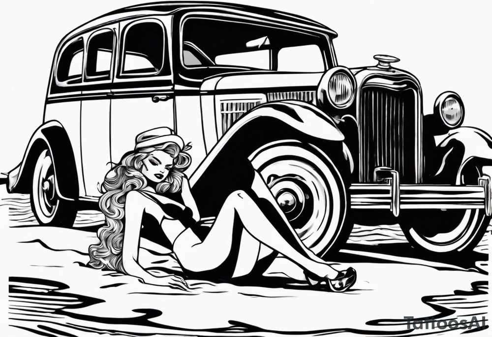Pinup doll riding old car along the beach tattoo idea