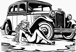 Pinup doll riding old car along the beach tattoo idea