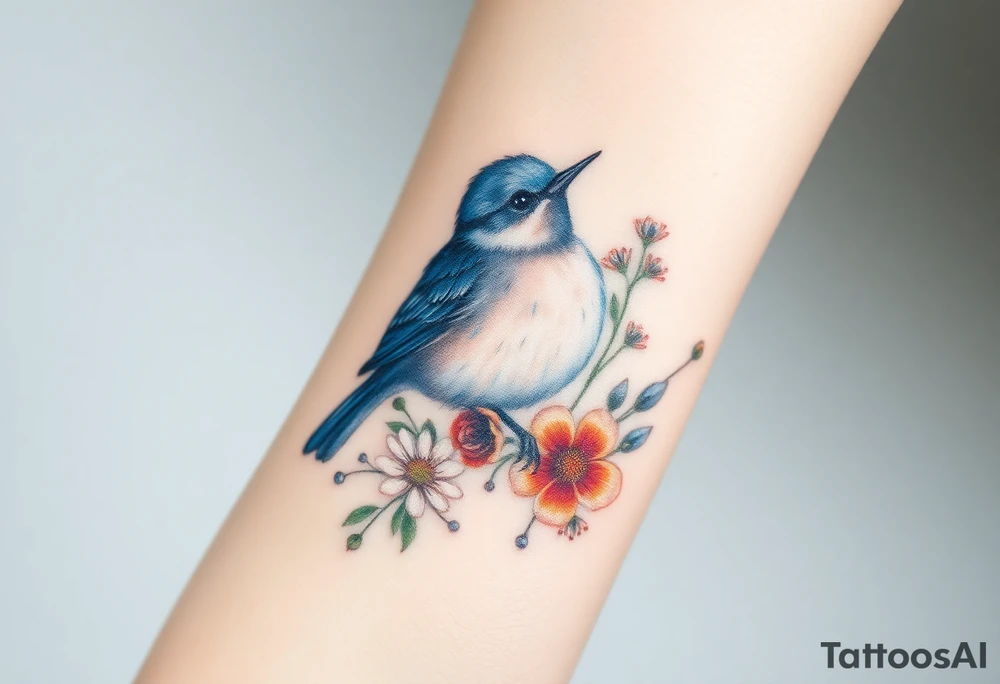 Puffy bluebird surrounded by wild flowers tattoo idea