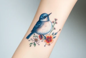 Puffy bluebird surrounded by wild flowers tattoo idea