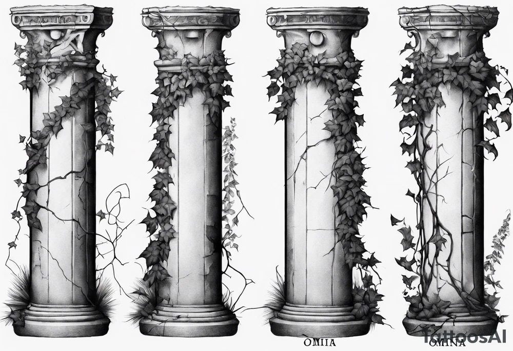 Half of a roman pillar with the word "OMNIA" inscribed on the top. It has cracks in the middle and overgrown ivy at the bottom. It is turned 20 degrees to the right. tattoo idea