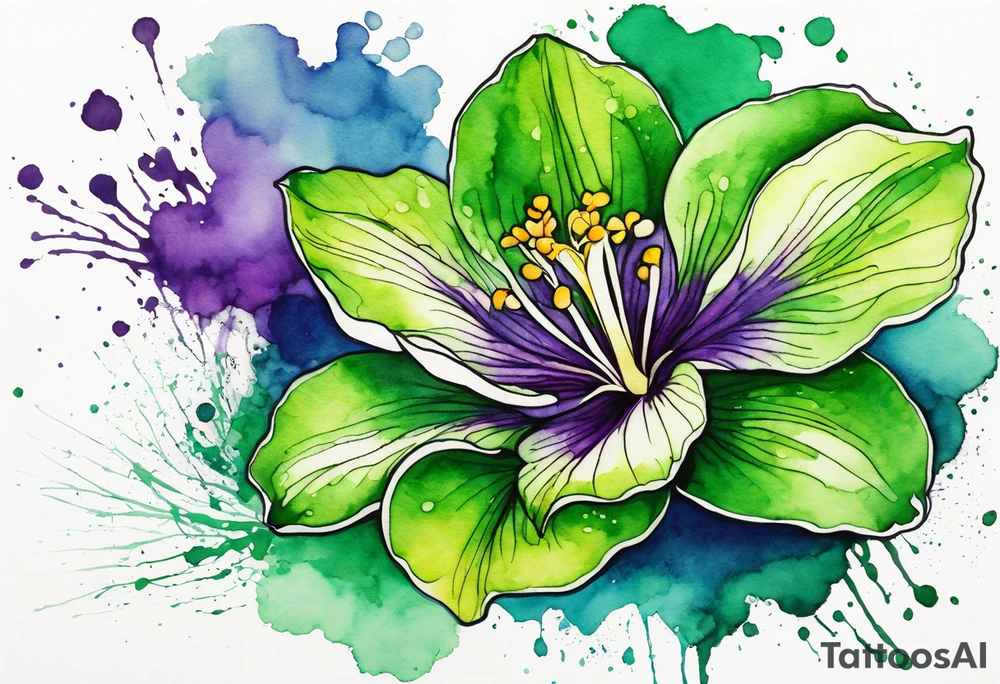 An outline of a green rio dipladenia flower and a green/purple watercolor splash in the background tattoo idea