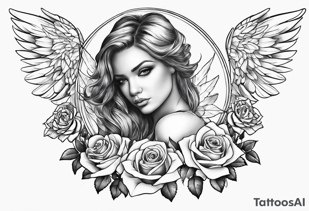 Angel, roses, name MARTINA tattoo idea