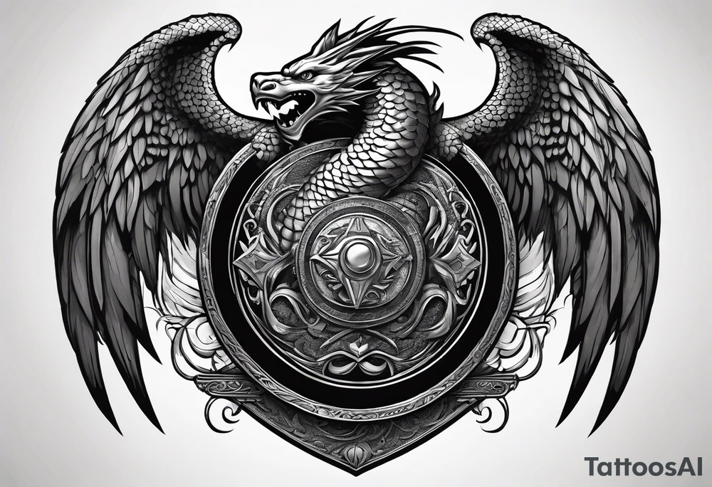 A majestic, winged serpent coiled around a shield and sword, with the verse inscription woven into the design. tattoo idea