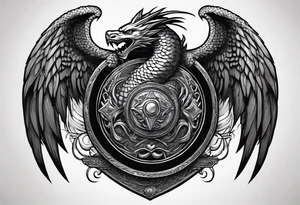 A majestic, winged serpent coiled around a shield and sword, with the verse inscription woven into the design. tattoo idea