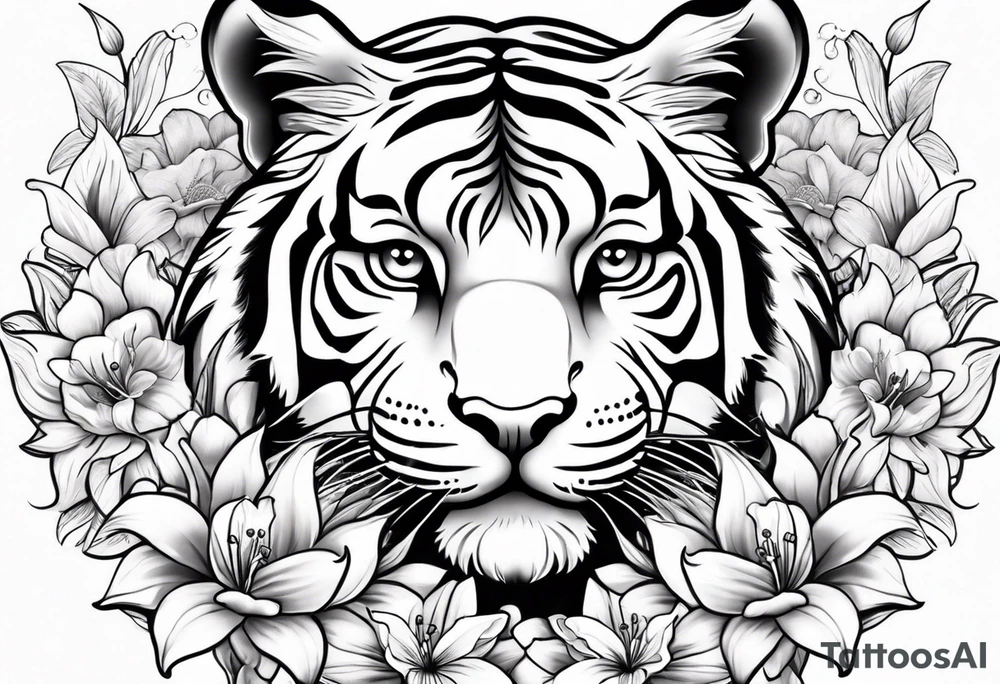 cute tiger with lily flowers tattoo idea