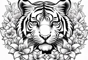 cute tiger with lily flowers tattoo idea