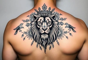 powerful majestic lion with a crown, surrounded by floral ornaments and birds tattoo idea