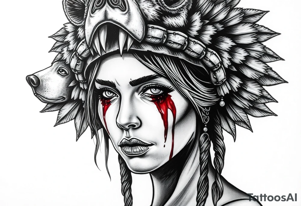 Beautiful Womans shedding a tear, with battle scars and blood on face, wearing a mean looking bear headdress on head tattoo idea