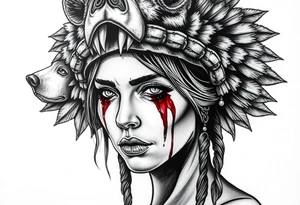 Beautiful Womans shedding a tear, with battle scars and blood on face, wearing a mean looking bear headdress on head tattoo idea