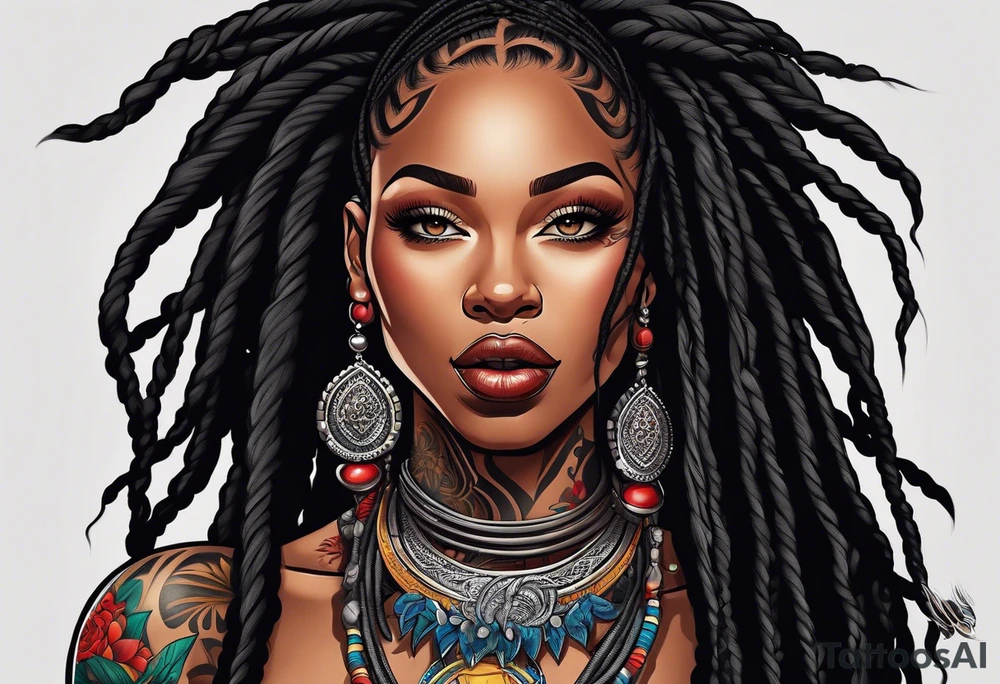 beautiful thick black women with long straight dreadlocks, new school style, tattoo idea