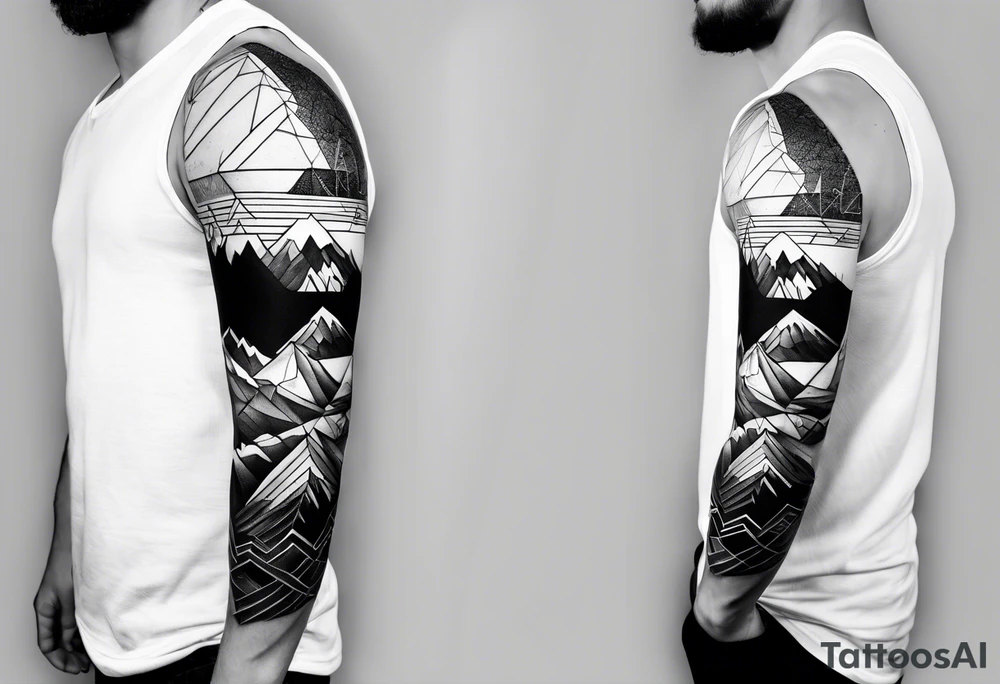 A geometric half sleeve with a mountain peak tattoo idea