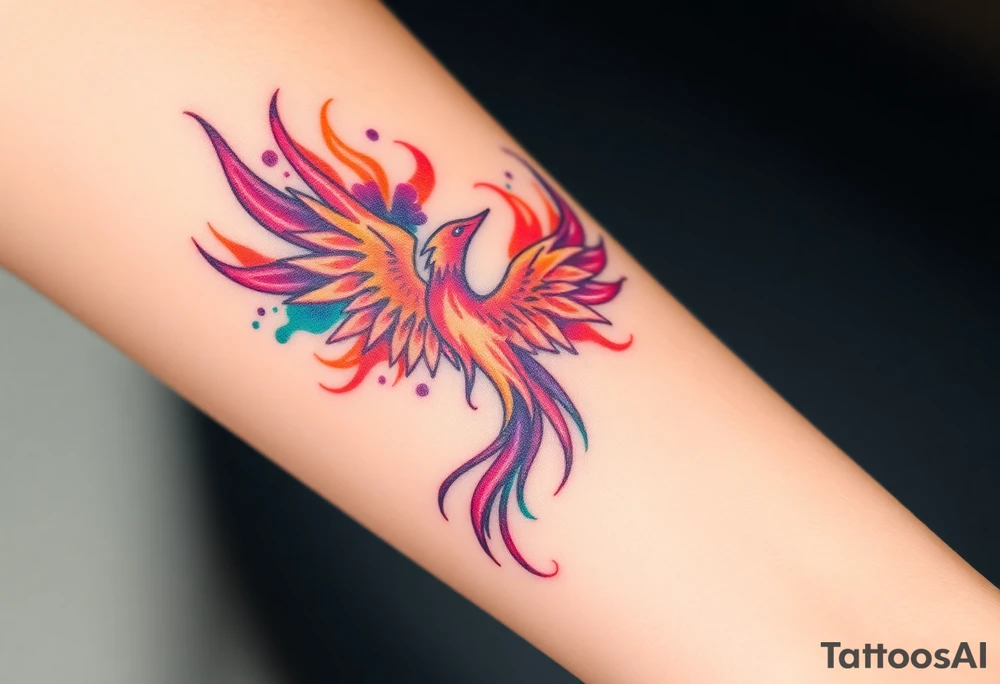 Phoenix with blazing flames with purple, orange, teal and green splashes tattoo idea