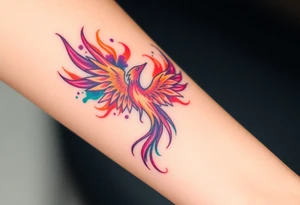 Phoenix with blazing flames with purple, orange, teal and green splashes tattoo idea
